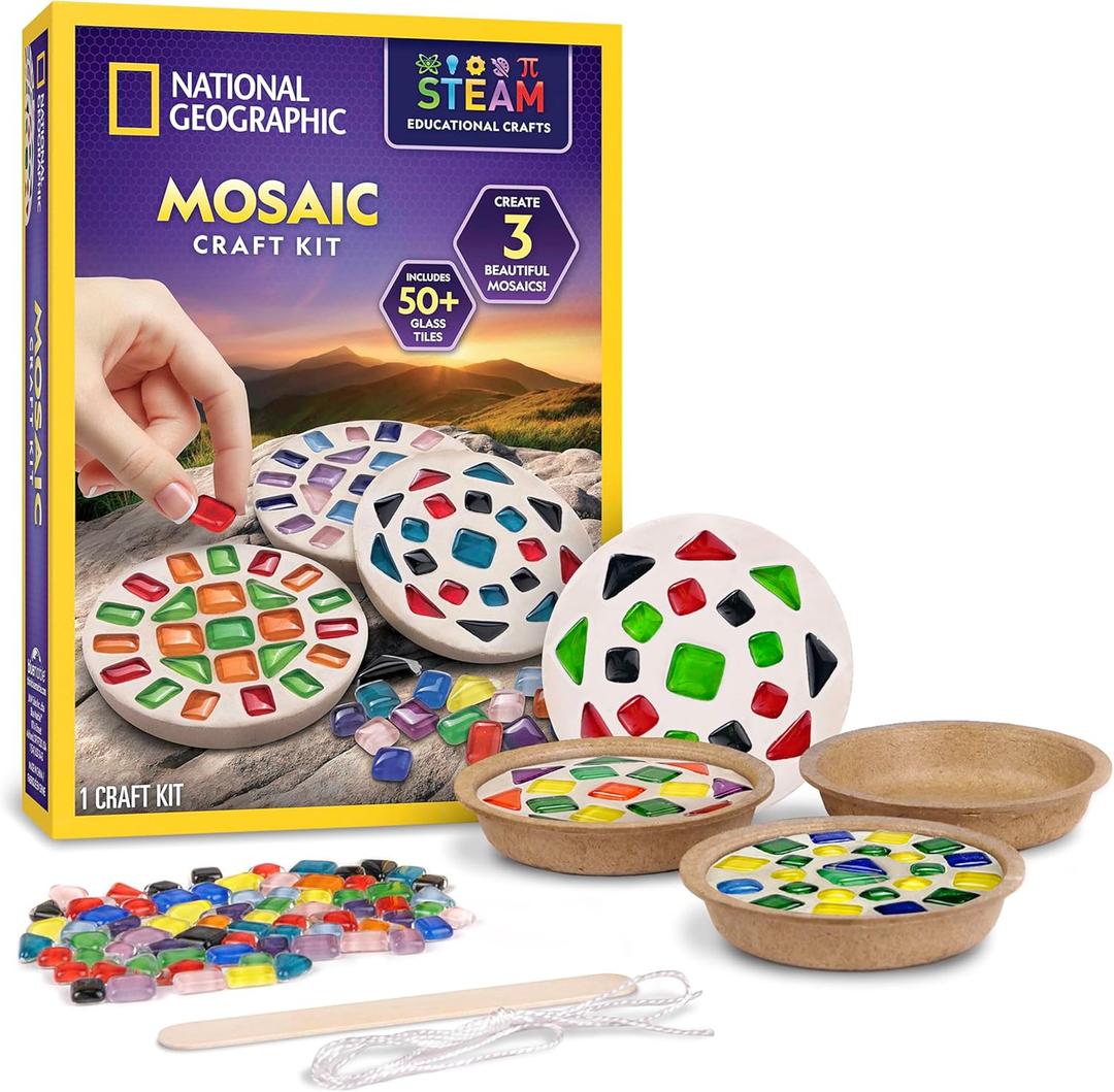 National Geographic Mosaic Arts and Crafts Kit for Kids - Mosaic Kit for Creating 3 Glass Tile Mosaic Art Projects, Includes Glass Tiles, Templates, Plaster & More, Art Supplies, Mosaic Kits for Kids