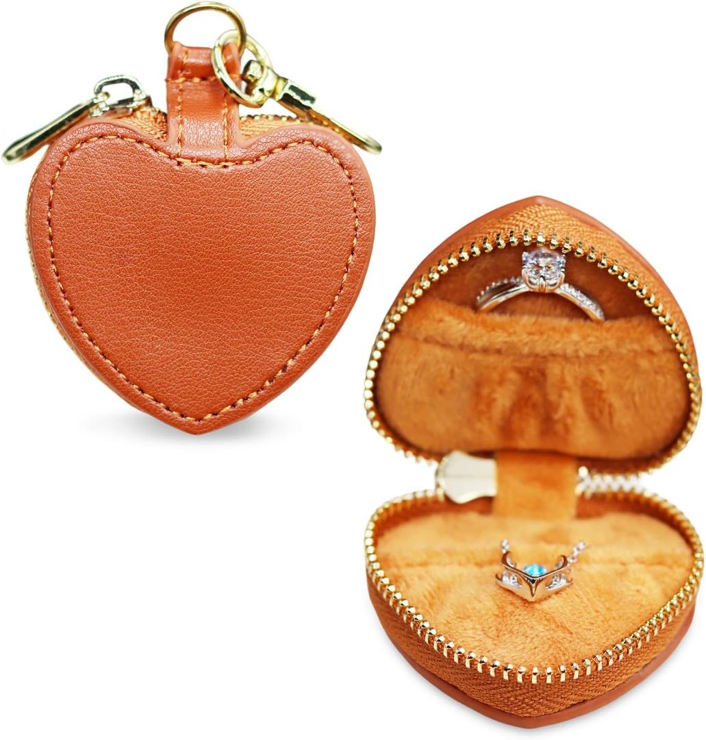 Jewelry Ring Holder Box, Portable Gym Jewelry Storage Box Case, Heart-ShapedSmall Travel Ring Earring Stud Necklace Storage Case (Brown)