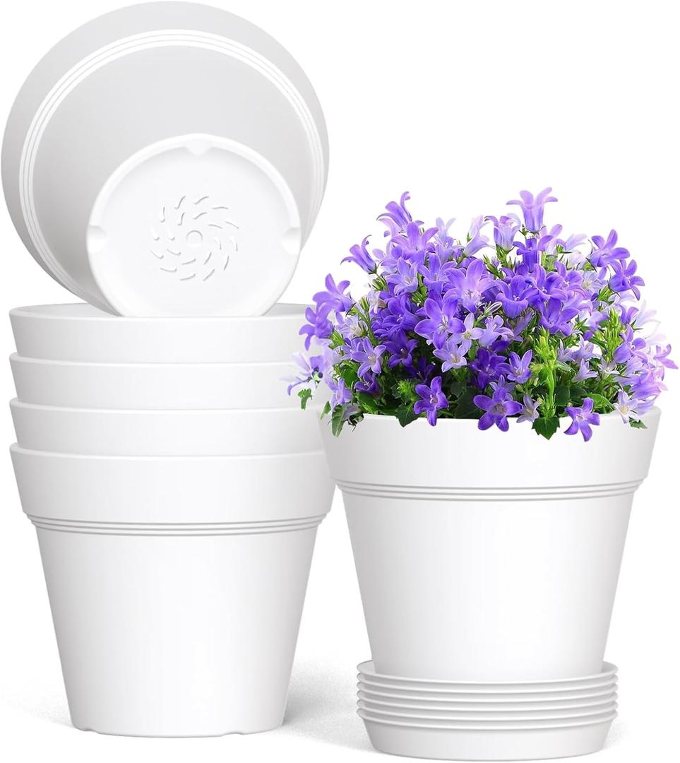 WSMKSZ 7 Inch Thick Plastic Plant Pots with Drainage Holes and Trays 6 Pack Nursery Pots for Indoor & Outdoor House Plants, Seedling Starter Planters for Garden Flowers, White