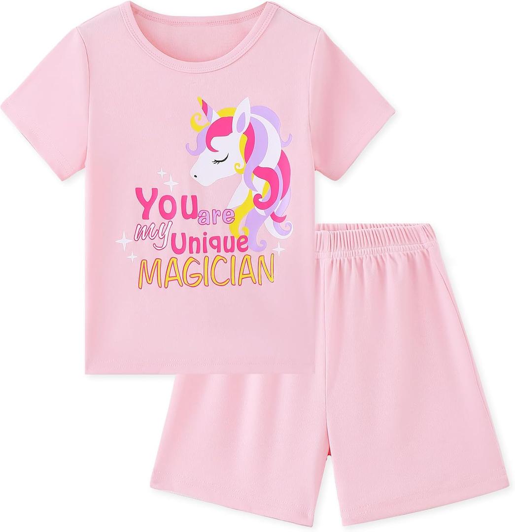 Mikrdoo Girls Pajamas Set 2-Piece Short Sleeve Summer Toddler PJs Sleepwear Sizes 2-7 Years (Pink)