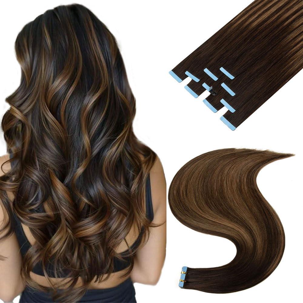 Tape in Hair Extensions Human Hair 12 Inch,Invisible Seamless Remy Human Hair Extensions,Silky Straight with Thick Ends Tape Ins for Women 20Pcs(#P2/6/T2)