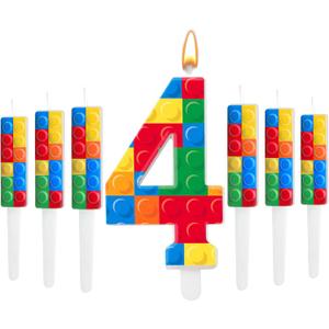 7 Pcs Building Block Themed Birthday Candles Set Building Blocks Number 4 Candle Cake Topper for Building Block Party Decoration Supplies (Number 4) (Multicolor)