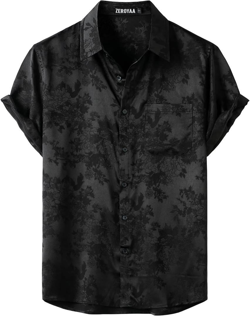 ZEROYAA Men's Shiny Luxury Silk Satin Floral Jacquard Short Sleeve Regular Fit Button Down Shirt for Party Prom, Size XL