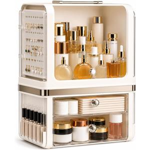 Clear Acrylic Makeup Organizer with Drawers – Dustproof Vanity & Cosmetic Storage Box with Lid (28.5 × 20 × 38 cm)
