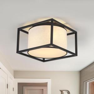 Semi Flush Mount Ceiling Light Fixture, 3-Light Fabric Drum Shade Ceiling Light With Black Metal Frame, Entryway Light Fixtures, Close To Ceiling Light For Bedroom, Living Room, Kitchen, Hallway (12 inch)
