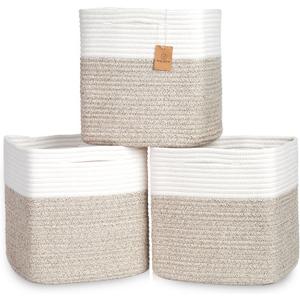 NaturalCozy 13 Inch Cube Storage Bins Cotton Rope Woven Baskets for Organizing 3-Pack | 13 x 13 Storage Cubes | Fabric Square Storage Baskets for Shelves Organizer, Kids Toy Bins, Closet Baby Nursery (Off White & Mixed Brown)