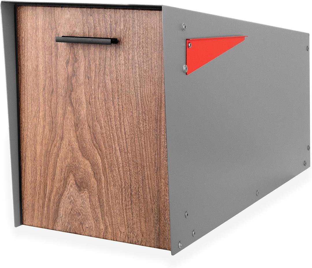 Ilyapa Modern Mailbox with Angle Design Post Mount - Metal Mailbox for Outside - Gray Exterior Mail Box - Powder Coated Steel - All Weather Resistant
