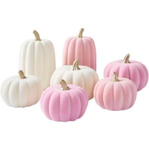 WDS WONDROUS Pumpkins Fall Decoration Thanksgiving Set 7 PCS, Resin Pink and Beige Flocked Pumpkins for Decorating, Artificial Pumpkins Set Gender Reveal Party Fall Decor Tabletop Centerpiece Mantel