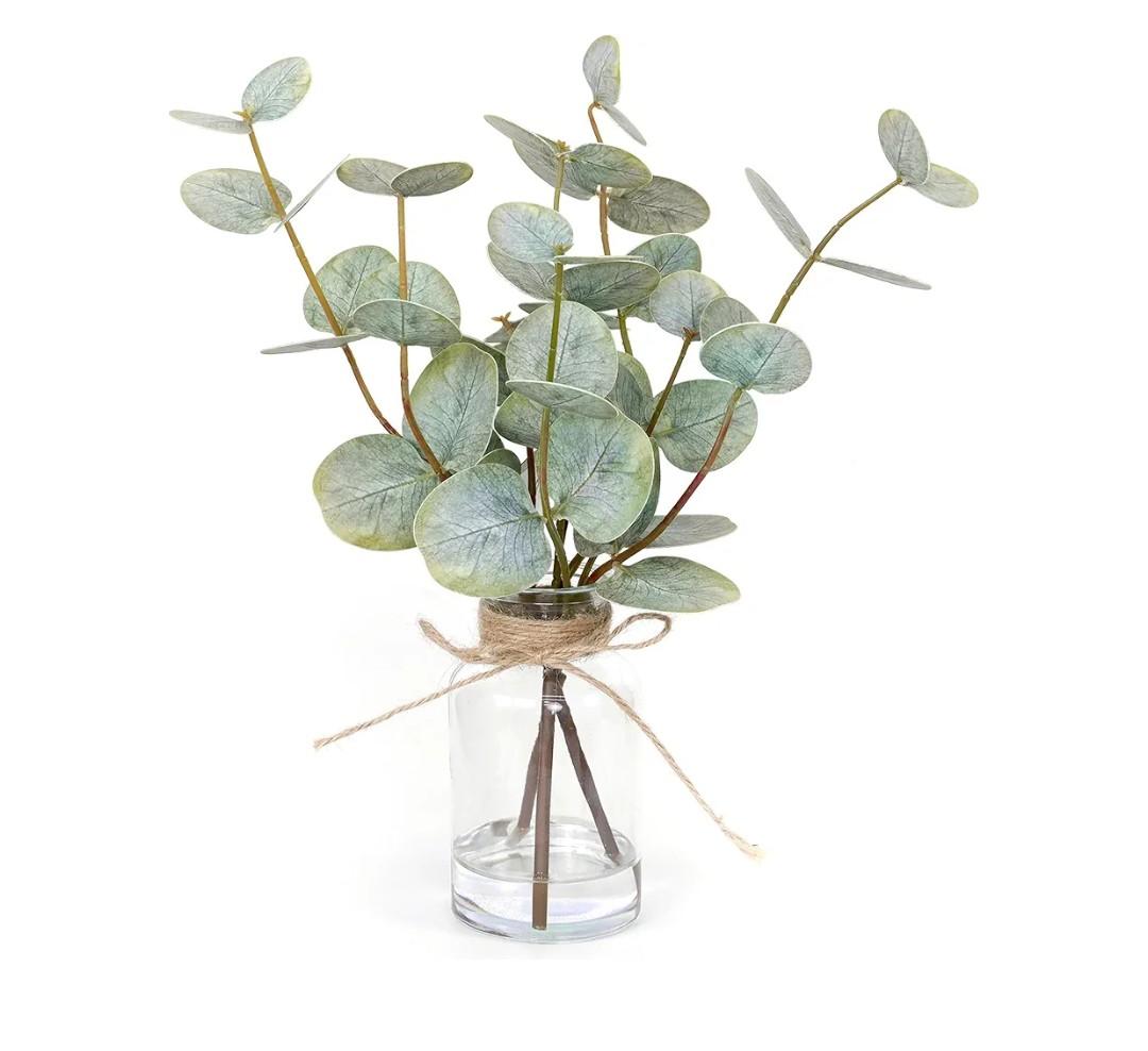 Artificial Eucalyptus Stems in Glass Vase with Faux Water,3Pcs Fake Plant with Double-Sided Green Leaves for Centerpiece(Double-Sided Green Eucalyptus)