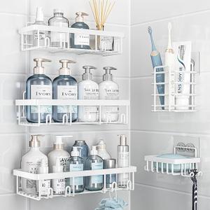 Liuoud 5 Pack Shower Caddy Organizer Rack Shelf for Inside Shower, Self Adhesive Wall Storage Basket Rustproof Stainless Steel Shampoo Holder Bathroom Accessory Decor Set, White