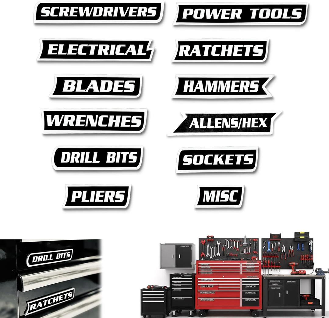 12 Pack of Magnetic Toolbox Labels, 3D-Printed Tool Box Labels, General Tool Box Organize Accessories, Reusable Tags for Steel Toolboxes, Carts, Drawers, and Cabinets(Black)