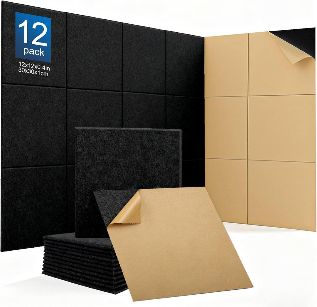12Pack Acoustic Wall Panels Panels High Density Sound Dampening Panels 0.4" x 12" x 12" Square Acoustic Panels for Home Office Recoding Studio with self Adhesive Acoustic Panels. (Black)