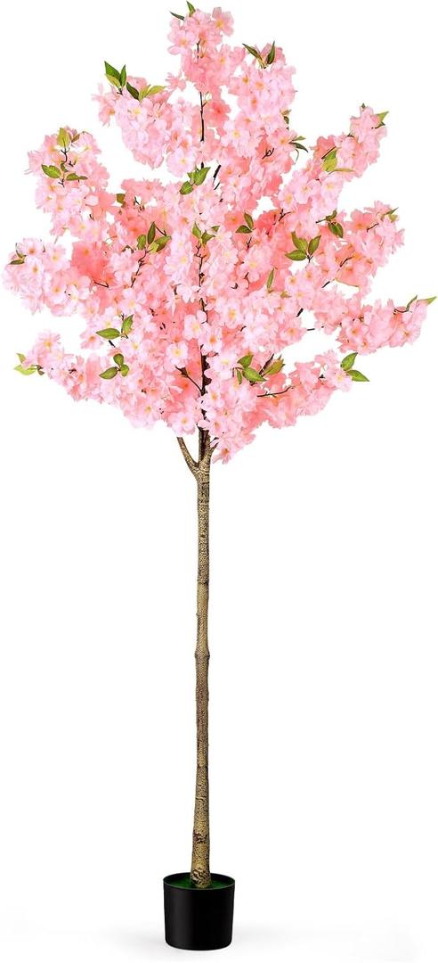 OUSHENG Artificial Cherry Blossom Tree, Fake Plants Indoor Decor, Faux Pink Sakura Flowers for Living Room Home House Entryway Bedroom Office Inside Decorations, 6FT