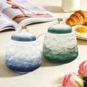 Ceramic Sugar Bowl with Lid and Spoon,12oz Sugar Bowl with Gradient Texture, Sugar Container with Lid and Spoon Sugar Jar for Coffee Station Accessories,Dishwasher & Microwave Safe,Blue