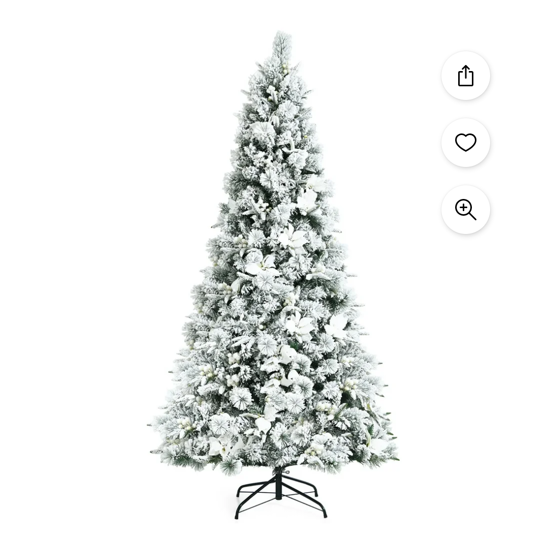 7ft Snow Flocked Hinged Christmas Tree w/Berries & Poinsettia Flowers