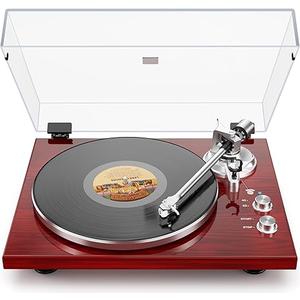 Belt Drive Turntable for Vinyl Record Player,Connect with Bluetooth Speakers or Active Speaker,Built-in Phono Pre-amp,USB Digital Output, Magnetic Cartridge, High-Gloss Wood Design(Red)
