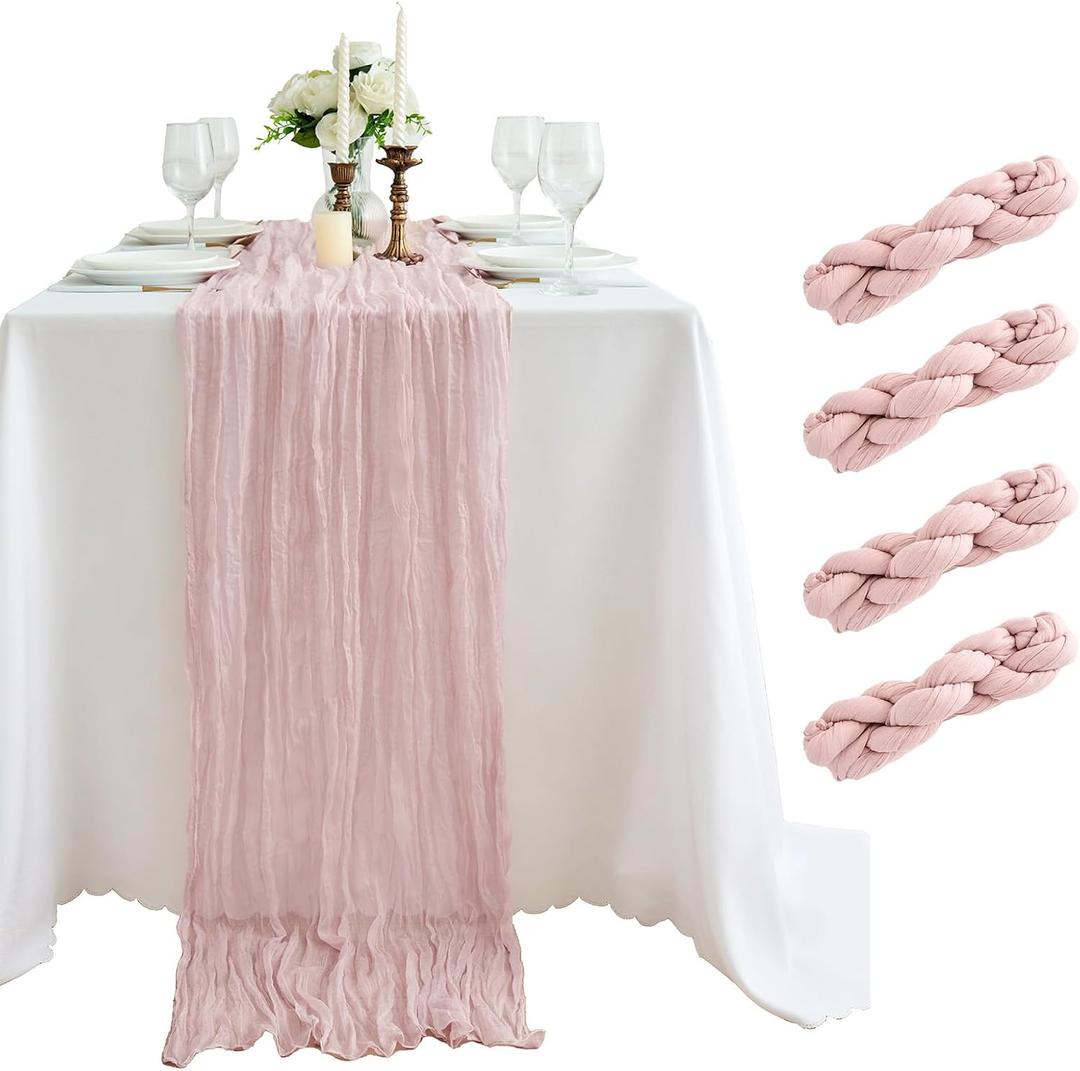 4 Pack 18x120 Inch Dusty Pink Cheesecloth Table Runner 10FT Long Cheese Cloth Boho Rustic Gauze Table Runner for Wedding Baby Shower Birthday Party Home Decor