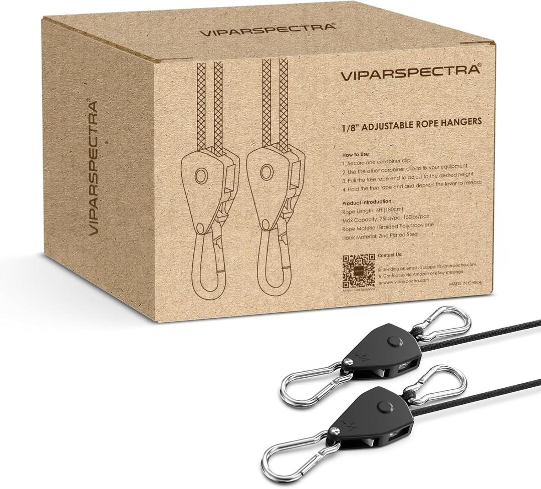 VIPARSPECTRA Retractable Heavy Duty Ratchet Tie Down Straps [12 Pack, 8ft, 75lbs/Pack], Rope Pulley System with Carabiner Hook Rope Adjuster for Hanging Plants/Grow Light/Tents Various Tie-Down Uses