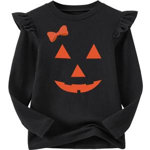 Niyage Girls Cotton Long Sleeve T-Shirt Toddler Comfort Soft Thick Basic Crewneck Tee Tops with Ruffles Trim (6 Years, Pumpkin Bow Black)