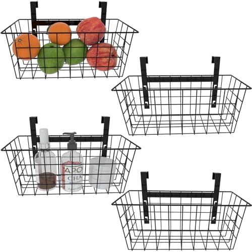 MaraFansie Basket with Hook, Grid Storage Basket, Over the Cabinet Door Organizer, Wire Hanging Basket with Hook Over the Railing, Under Sink Kitchen Cabinet, Pantry, Bathroom, Black, 3 Pack