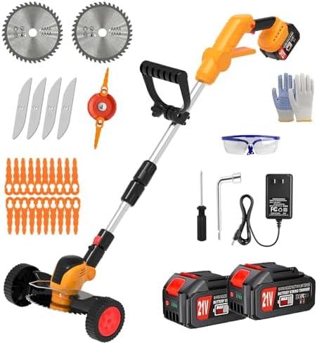 Electric Weed Wacker Cordless Eater Battery Powered, String Trimmer with 21V/4.0Ah Battery Operated & Wheels 3 Types Blades, 3 in 1 Stringless Grass Trimmer/Edger/Brush Cutter for Garden Yard Lawn