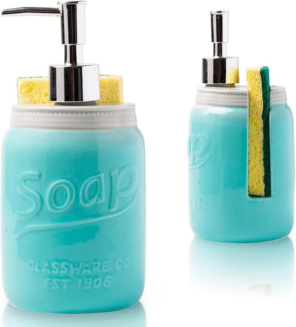 Comfify Mason Jar Kitchen Soap Dispenser & Sponge Holder - Sink Organizer - 14oz Kitchen Counter Liquid Soap Dispenser with Stainless Steel Pump, Blue Ceramic Soap Holder w/Free Sponge