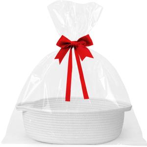 Small Baskets for Gifts Empty, 13"x 9"x 5" Woven Gift Basket with Bag and Ribbon, Cotton Rope Kids Dog Cat Toy Bin Box, Cute Baby Nursery Organizer, Decorative Storage with Handles (White)