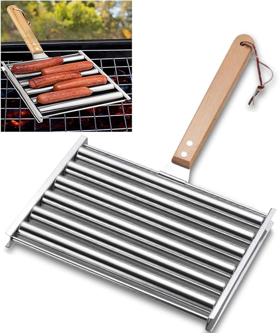 9.5 Inch Long Hot Dog Roller for bbq Grill, Evenly Cook Sausage Roller Rack Stainless Steel Corn grill with Detachable Wooden Handle for Outdoor Cooking and Barbecue