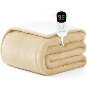 Homemate Electric Heated Blanket Twin Size - 62"x84" Heating Blanket Twin Size 1/2/4/6/8 Hours Auto-Off 10 Heat Level Over-Heat Protection Flannel Sherpa ETL Certification (18 - Light Beige)