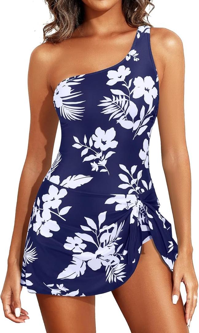 Tempt Me Women One Piece Swim Dress One Shoulder Swimsuit with Skirt Tummy Control Swimdress Bathing Suit XL