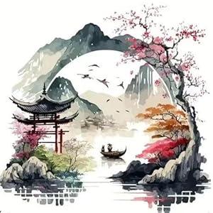 GEMFAMILY Diamond Painting Kits for Adults Beginner,5D Diamond Art Kits for Courtyard Under The Cherry Blossom, DIY Full Drill Landscape Diamond Dot Gem Art Kits for Home Decor 13.8 x 13.8 Inch