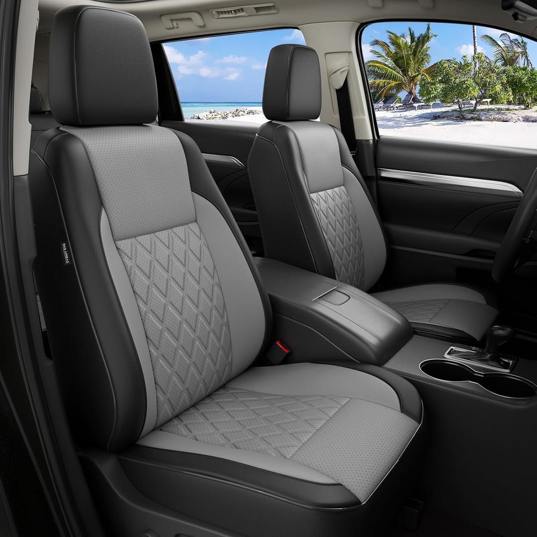 1:1 Custom Fit Seat Covers for Toyota Highlander 2014-2019 7 Seaters,Luxury Waterproof Full Set Seat Cover,Faux Leather Cars Interior Covers Protection-BlackGrey