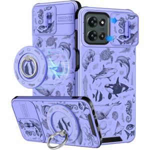Buleens for Moto G 2025 Case - Cute Designed with Ring Stand & Camera Cover for Women Girls Aesthetic Cool Unique Cartoon Animal Phone Cover for Motorola Moto G 2025 Case Compatible with Magsafe (Move Fish)