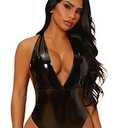WDIRARA Women's Deep V Neck Sleeveless PU Leather Skinny Bodysuit Halter Top Black XL