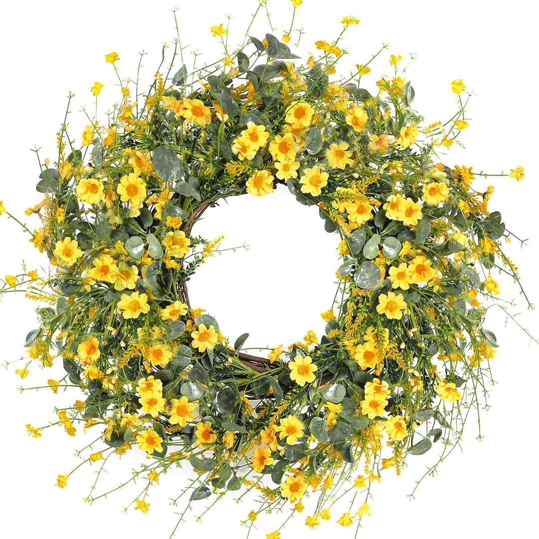 Sggvecsy Yellow Daisy Wreath 24 Inch Spring Summer Wreath Fake Silk Floral Wreath with Green Eucalyptus Leaves and Lavender for Front Door Window Wall Wedding Farmhouse Festival Decor
