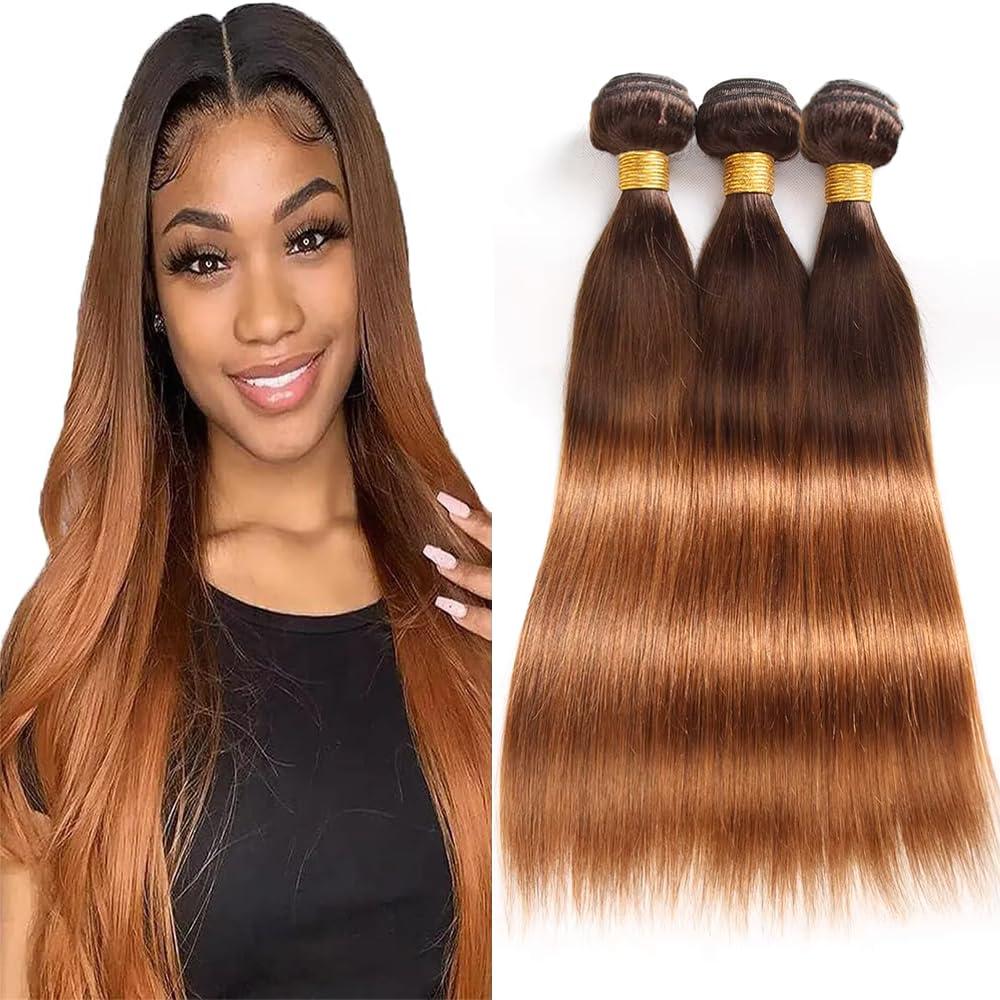 T4/30 Human Hair Bundles Ombre Straight Bundles 2 Tone Dark Brown to Light Brown Grade 10A Unprocessed Brazilian Virgin Straight Human Hair 8 10 12 Inch Double Weft