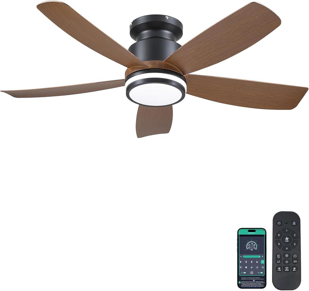 Ceiling Fans with Lights and Remote/APP Control, 41 inch Low Profile Flush Mount Ceiling Fan with Lights, LED Dimmable 5 Reversible Curved Blades 3 CCT 6 Speeds for Bedroom Living Room, Wood