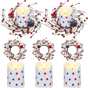 Yunlly 3 Set Mini Patriotic Candle Rings Wreaths with Flameless Pillar Candles 3 Inch Red White Blue Star Mixed Berries Pip Berry Wreaths for Veterans Day 4th of July Memorial Tabletop Decor
