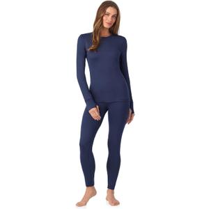 Cuddl Duds Womens Heavyweight Fleece 2 Piece Long Sleeve Thermal Underwear Set – Shirt & Leggings Base Layer for Cold Weather – Winter Clothing Long Johns Lounge Sets for Women, Navy Blue, S