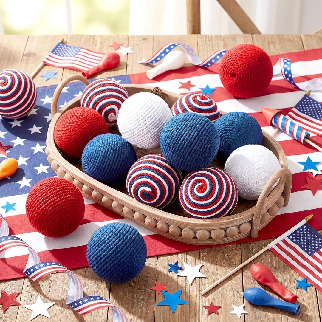12 Pcs 4th of July Patriotic Decorative Balls, 3.15" Red White Blue Jute Rope Balls for Bowls Vases Orbs Tray Filler Table Centerpieces, Memorial Day 250th Anniversary Independence Day Home Decor