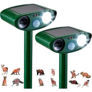 2 Pack Solar Animal Repeller for Raccoons, Deer & Squirrels - Ultrasonic & Strobe Light, Outdoor Deterrent for Cats, Dogs, Raccoons, Rabbits, Skunks, Foxes & More