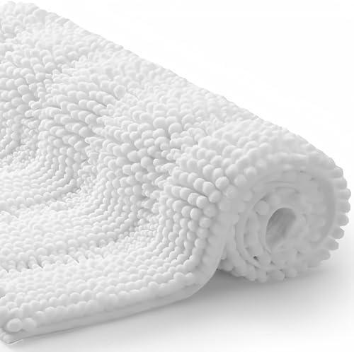 TENGTENGLINK Bath Mats for Bathroom,Thick Soft Chenille Floor Mats,Non Slip Shower Mats Ultra Water Absorbent Doormat (Pure White, 16" x 24")
