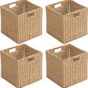 Handwoven Paper Woven Cube Basket Organizer with Handles Set of 4 Foldable Storage Baskets for Bedroom Living Room Cubby Storage Units for Clothes Books Toys (Natural, 13" L x 13" W x 13" H)