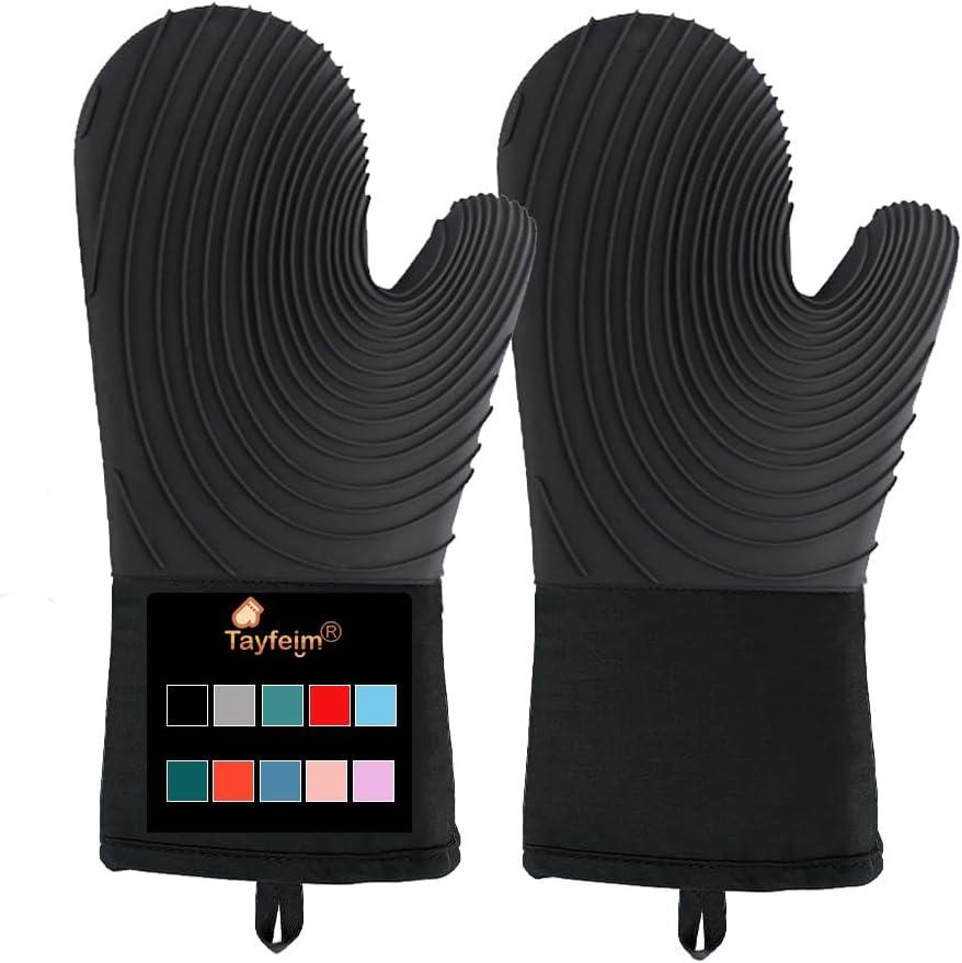 Silicone Oven Mitts-13.6 in Extended Oven Mitts Heat Resistant 500F, Oven Gloves with Soft Liner Good Grippy BPA-Free Easy to Clean Flexible-Oven Mits Set for Cooking Baking Grilling BBQ (Black)