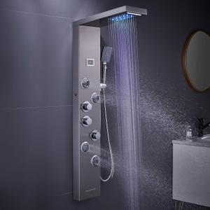 LED Shower Panel Tower System, 6 in 1 Stainless Steel LED Shower Column, Rainfall & Waterfall Head, Massage Jets, Tub Spout, Handheld Shower(Brushed)