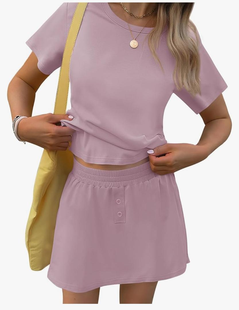 TCOT Pajamas for Women Set Summer Fashion Short Sleeve Crewneck Tops with Skirt Sets Pajama Casual Loungewear, Size M