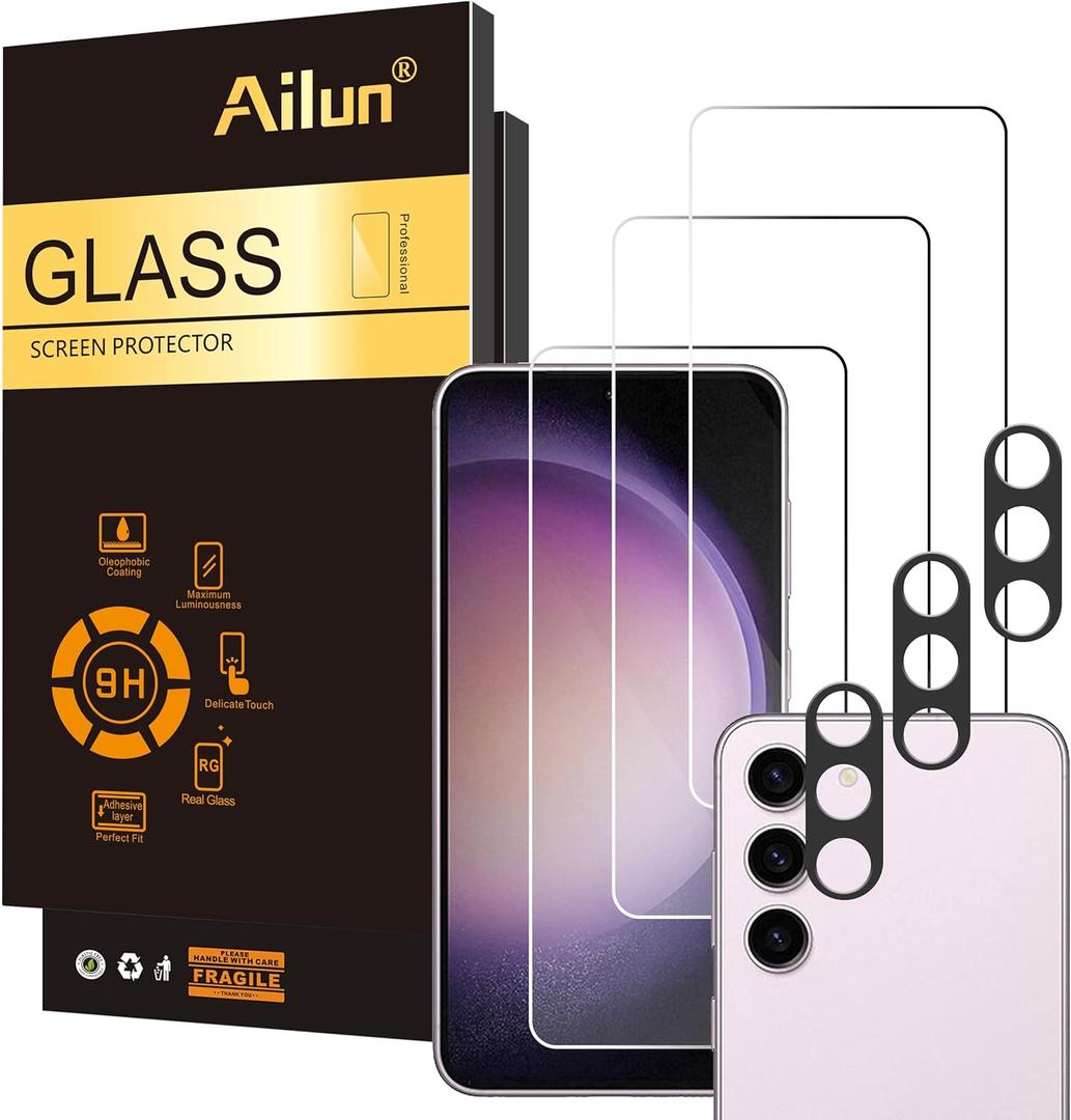Ailun Screen Protector for Galaxy S23 [6.1 Inch] 3Pack + 3Pack Camera Lens Tempered Glass Fingerprint Unlock Compatible 0.25mm Ultra Clear Anti-Scratch Case Friendly [Not For S23 Ultra] (Transparent)