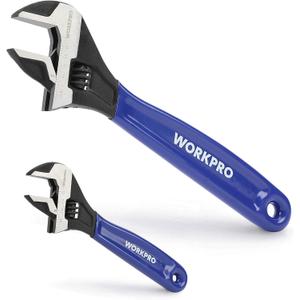 WORKPRO 2-piece Adjustable Wrench Set, 6-Inch & 10-Inch Wrenches, Wide Jaw Black Oxide Wrench, Metric & SAE Scales, Cr-V Steel, for Home, Garage, Workshop (Blue)