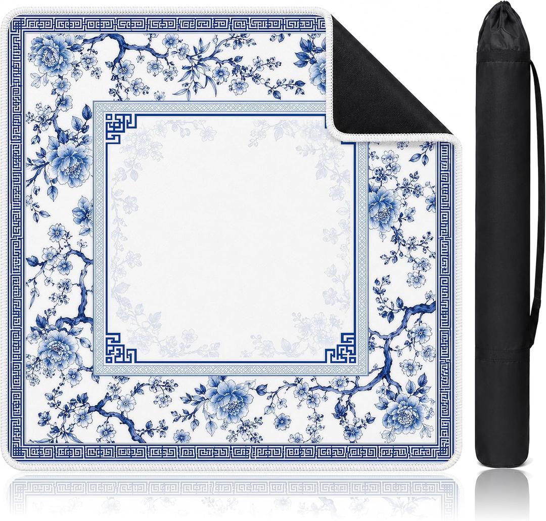 Chinoiserie Blue and White Mahjong Mat, Floral Square Non-Slip Table Cover Vintage Playing Pad for Mahjong Games Noise Reduction Surface 31.5" x 31.5"