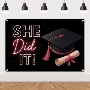 She Did It Grad Backdrop Black and Pink Graduation Decorations Banner Graduation Cap Diploma Sparkling Stars Photography Background for Class of 2026 Congrats Grad Party Decor Supplies 5 * 3ft